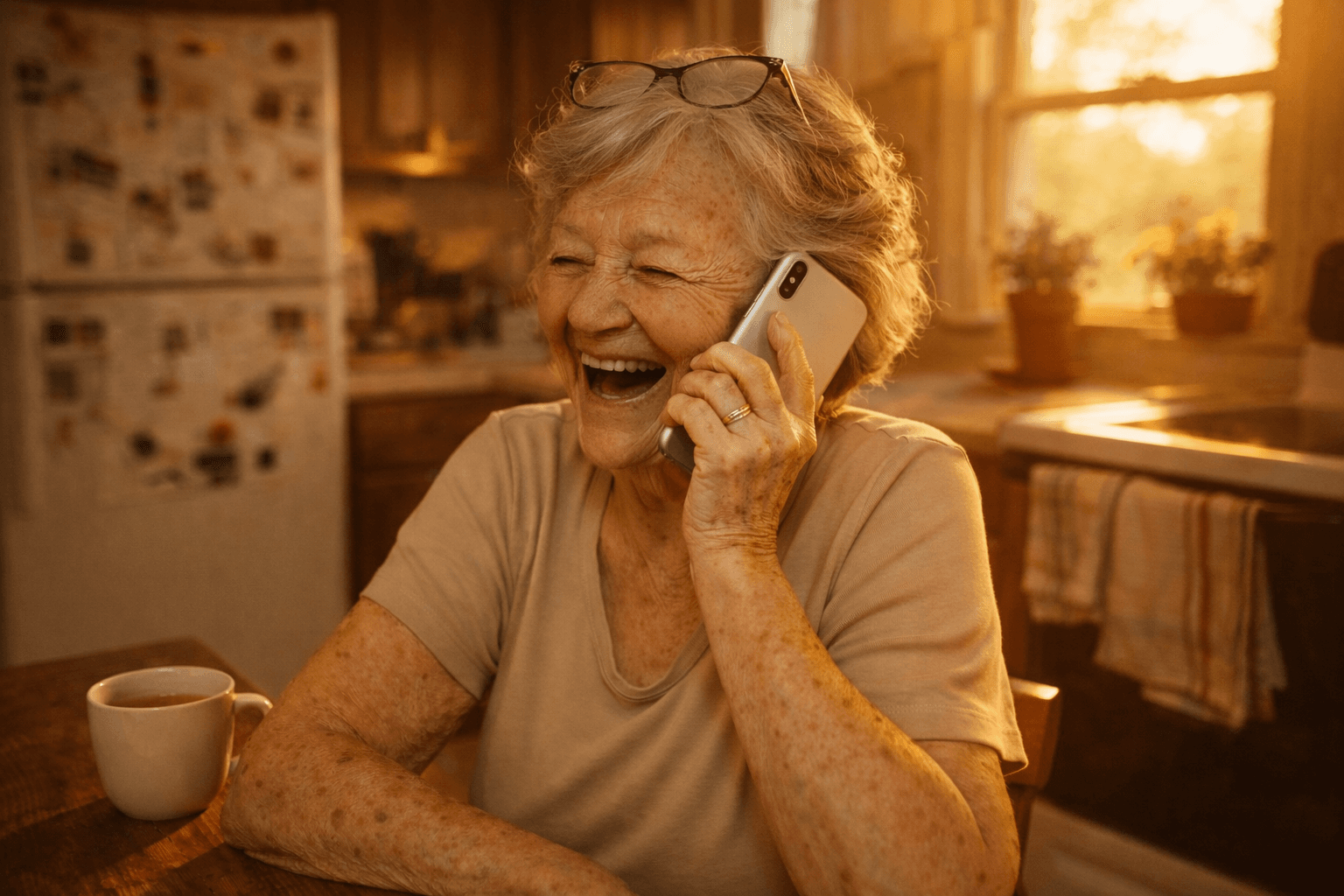 Elderly woman laughing while talking on the phone, sharing her stories