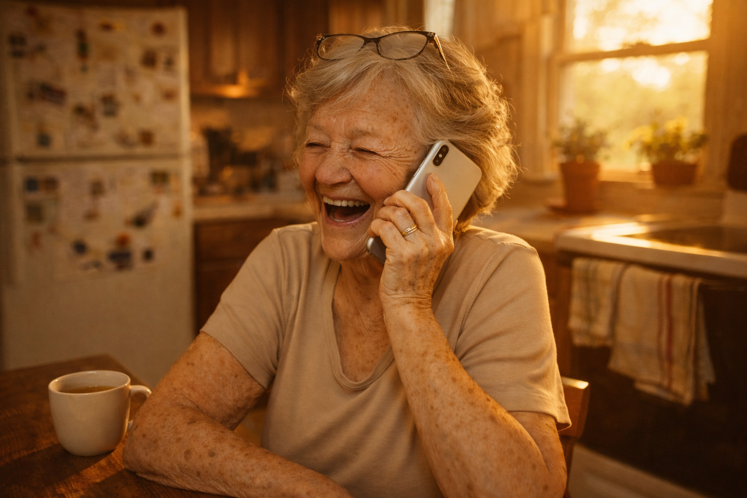 Elderly woman laughing while talking on the phone, sharing her stories